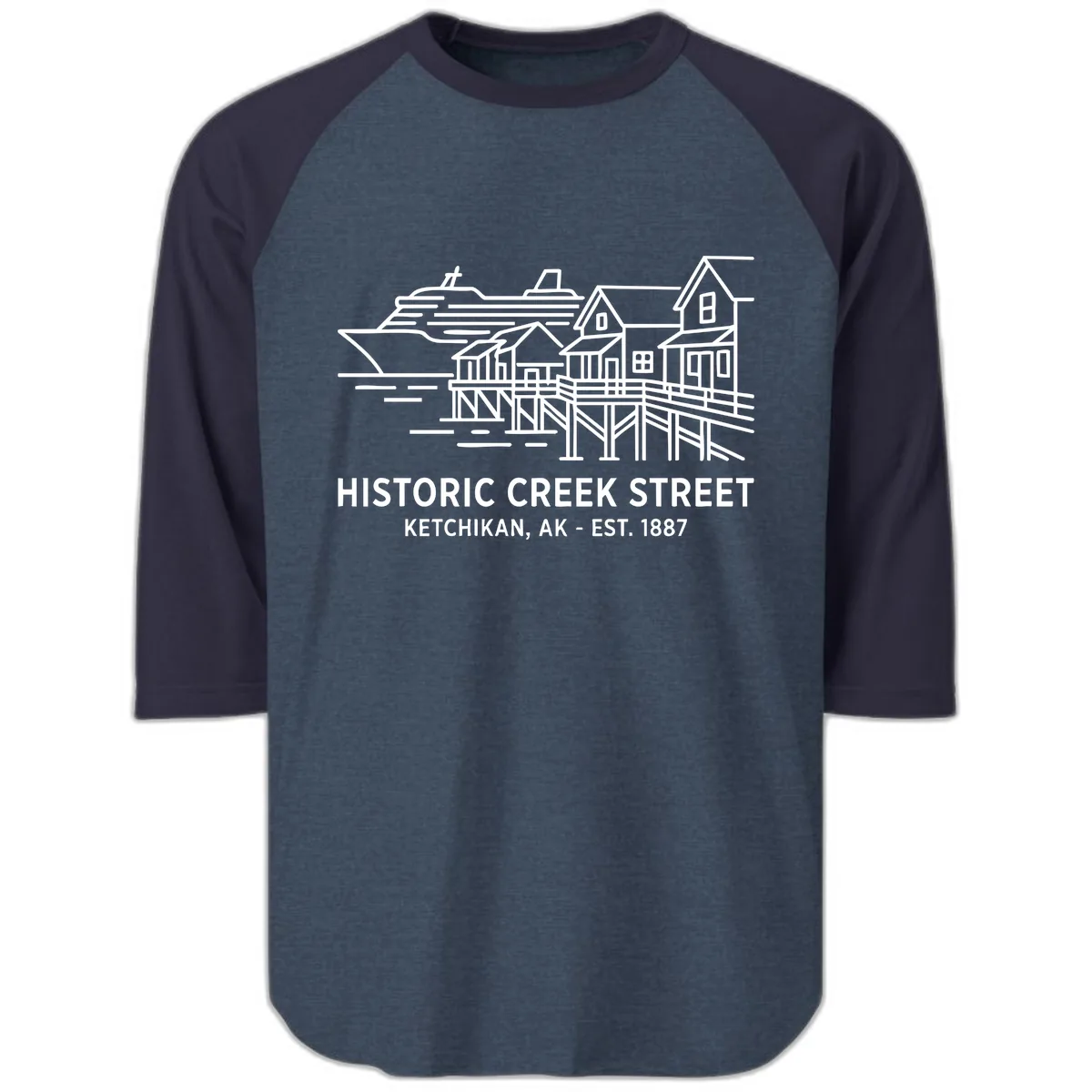 Historic Creek Street Ketchikan Alaska Waterfront Scene Raglan 3/4 in Heather Denim Navy