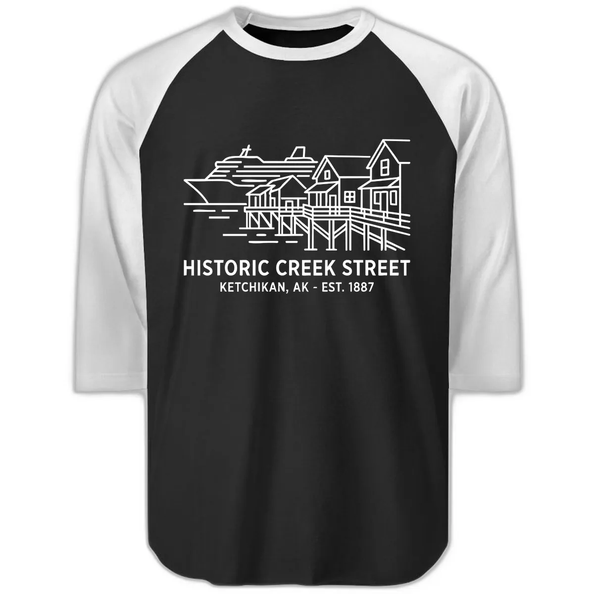 Historic Creek Street Ketchikan Alaska Waterfront Scene Raglan 3/4 in Black White