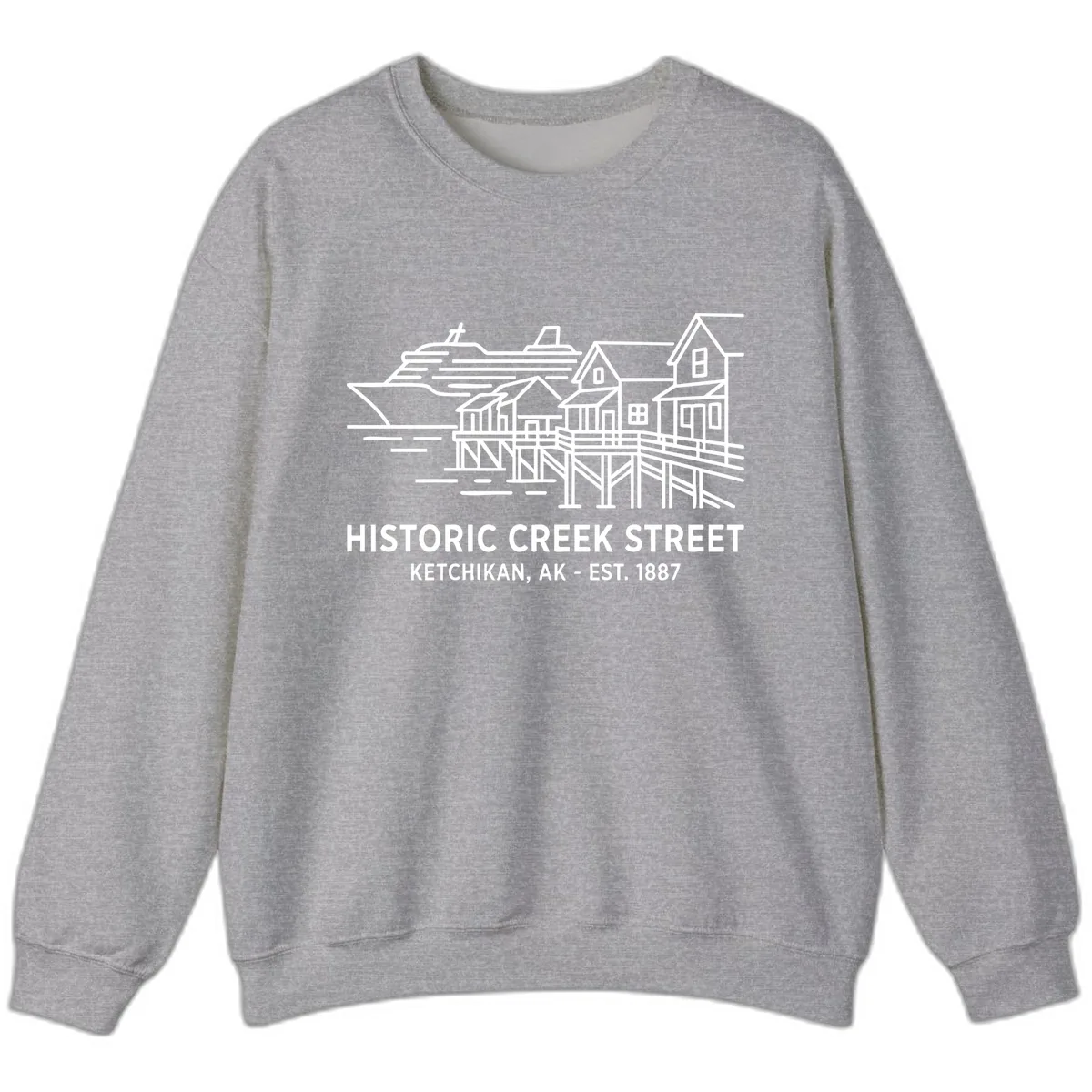 Historic Creek Street Ketchikan Alaska Waterfront Scene Sweatshirt in Sport Grey