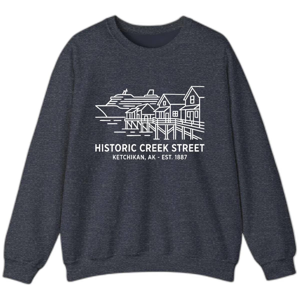 Historic Creek Street Ketchikan Alaska Waterfront Scene Sweatshirt in Heather Sport Dark Navy