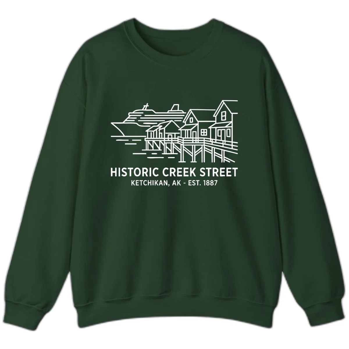 Historic Creek Street Ketchikan Alaska Waterfront Scene Sweatshirt in Forest Green