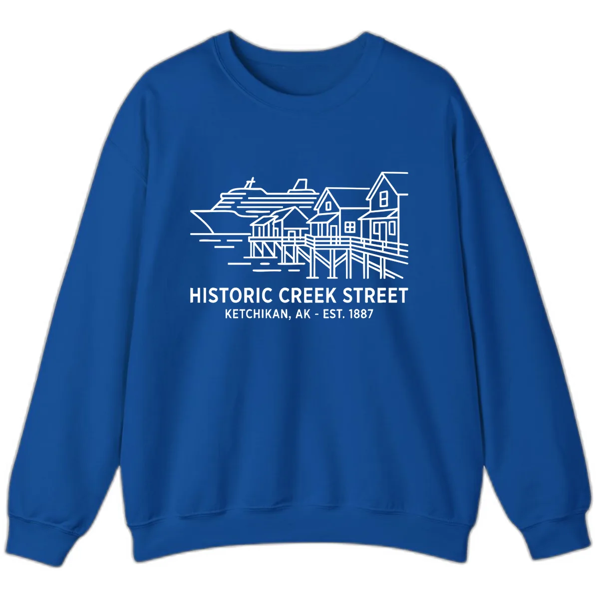 Historic Creek Street Ketchikan Alaska Waterfront Scene Sweatshirt in Royal