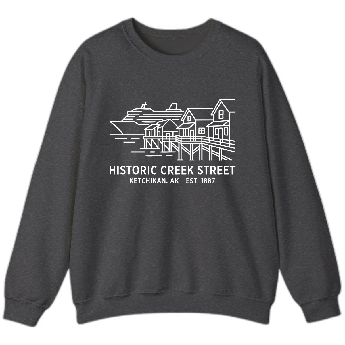 Historic Creek Street Ketchikan Alaska Waterfront Scene Sweatshirt in Dark Heather