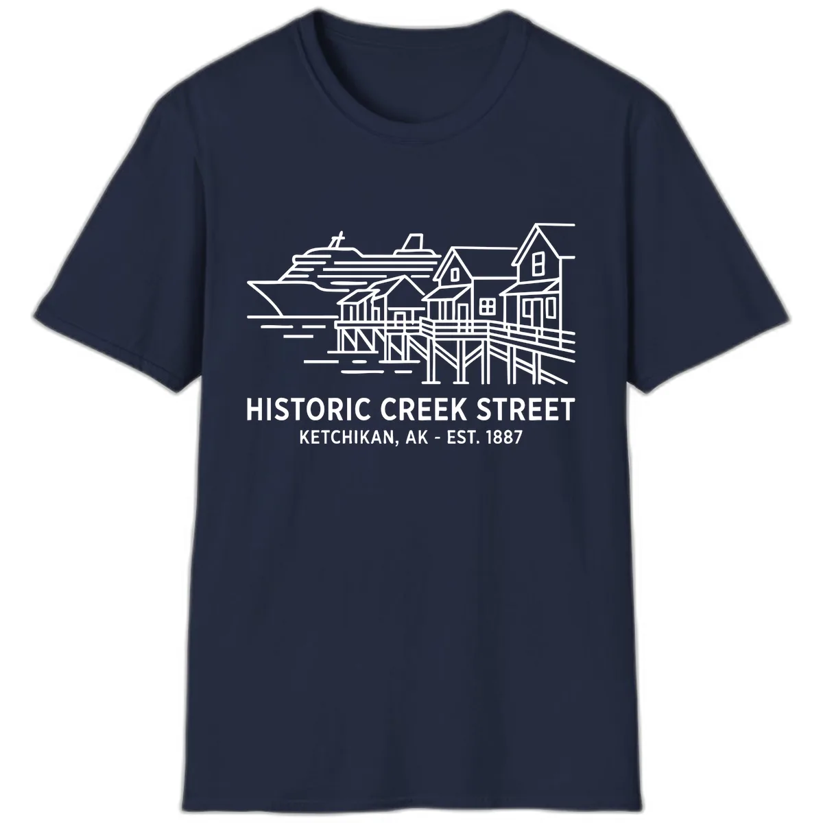 Historic Creek Street Ketchikan Alaska Waterfront Scene T-Shirt in Navy