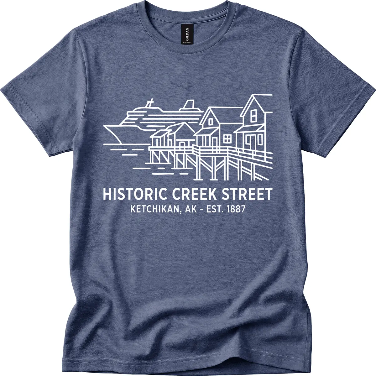 Historic Creek Street Ketchikan Alaska Waterfront Scene T-Shirt in Heather Navy
