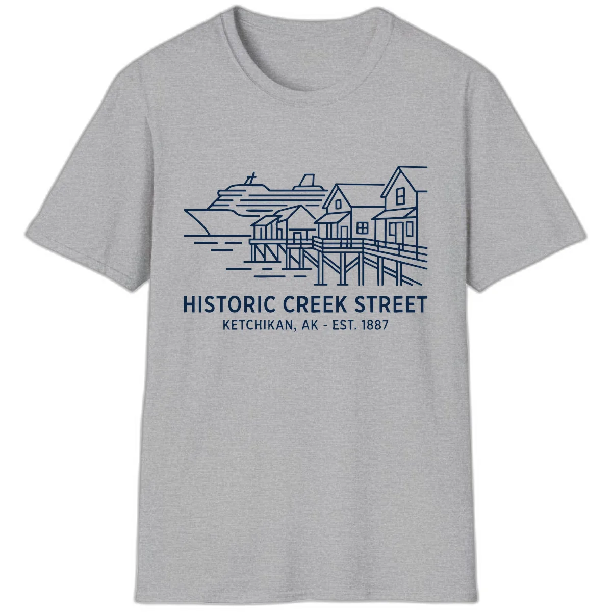 Historic Creek Street Ketchikan Alaska Waterfront Scene T-Shirt in Sport Grey