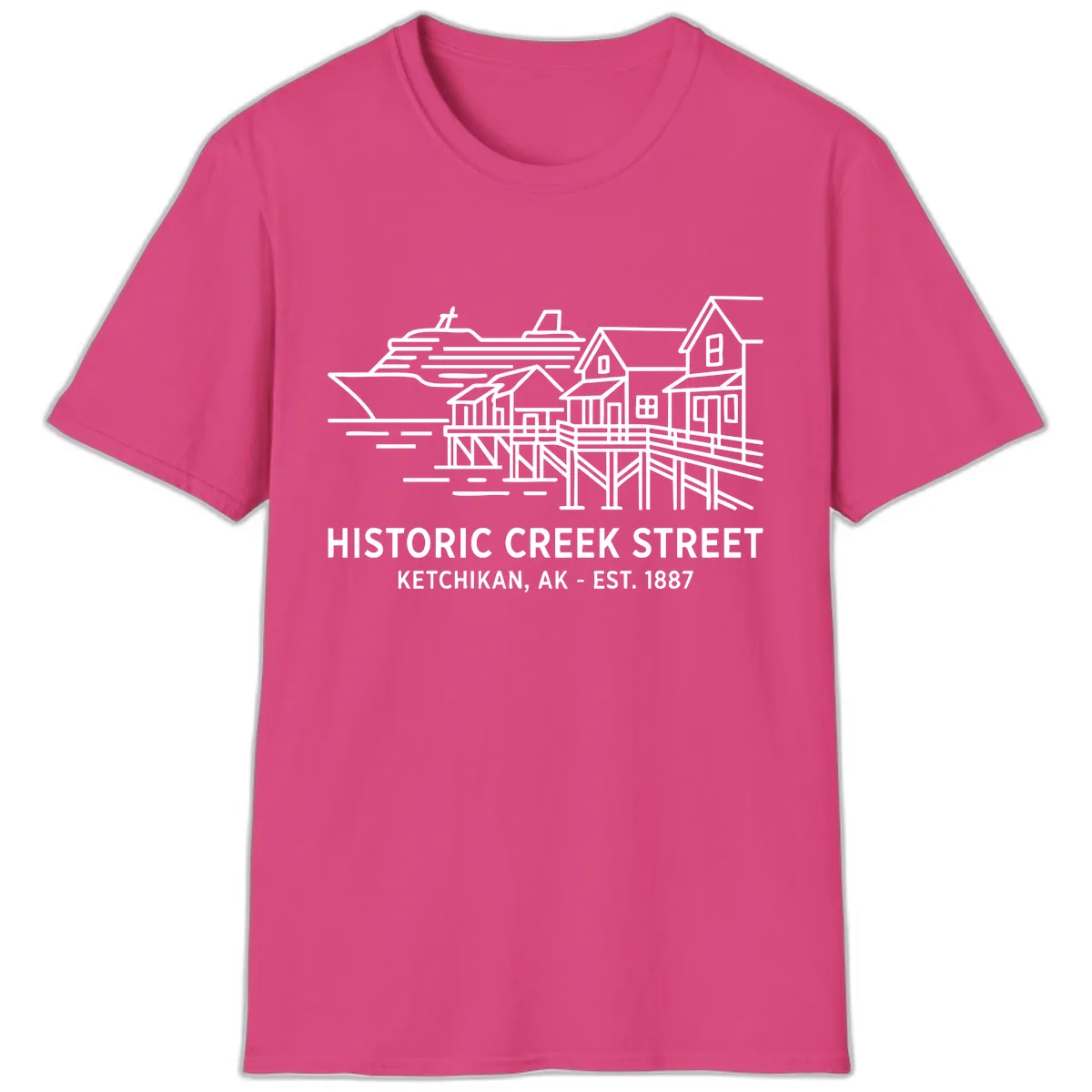 Historic Creek Street Ketchikan Alaska Waterfront Scene T-Shirt in Heliconia