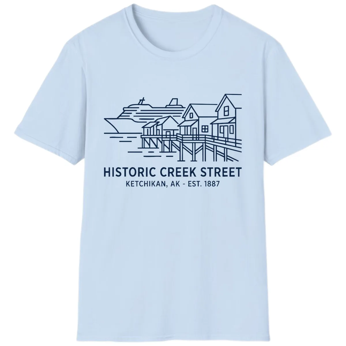 Historic Creek Street Ketchikan Alaska Waterfront Scene T-Shirt in Light Blue