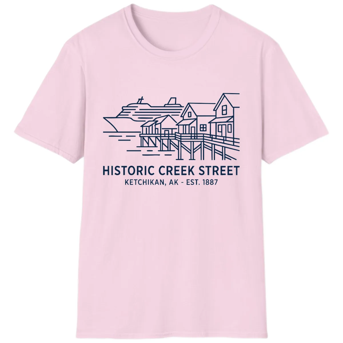 Historic Creek Street Ketchikan Alaska Waterfront Scene T-Shirt in Light Pink