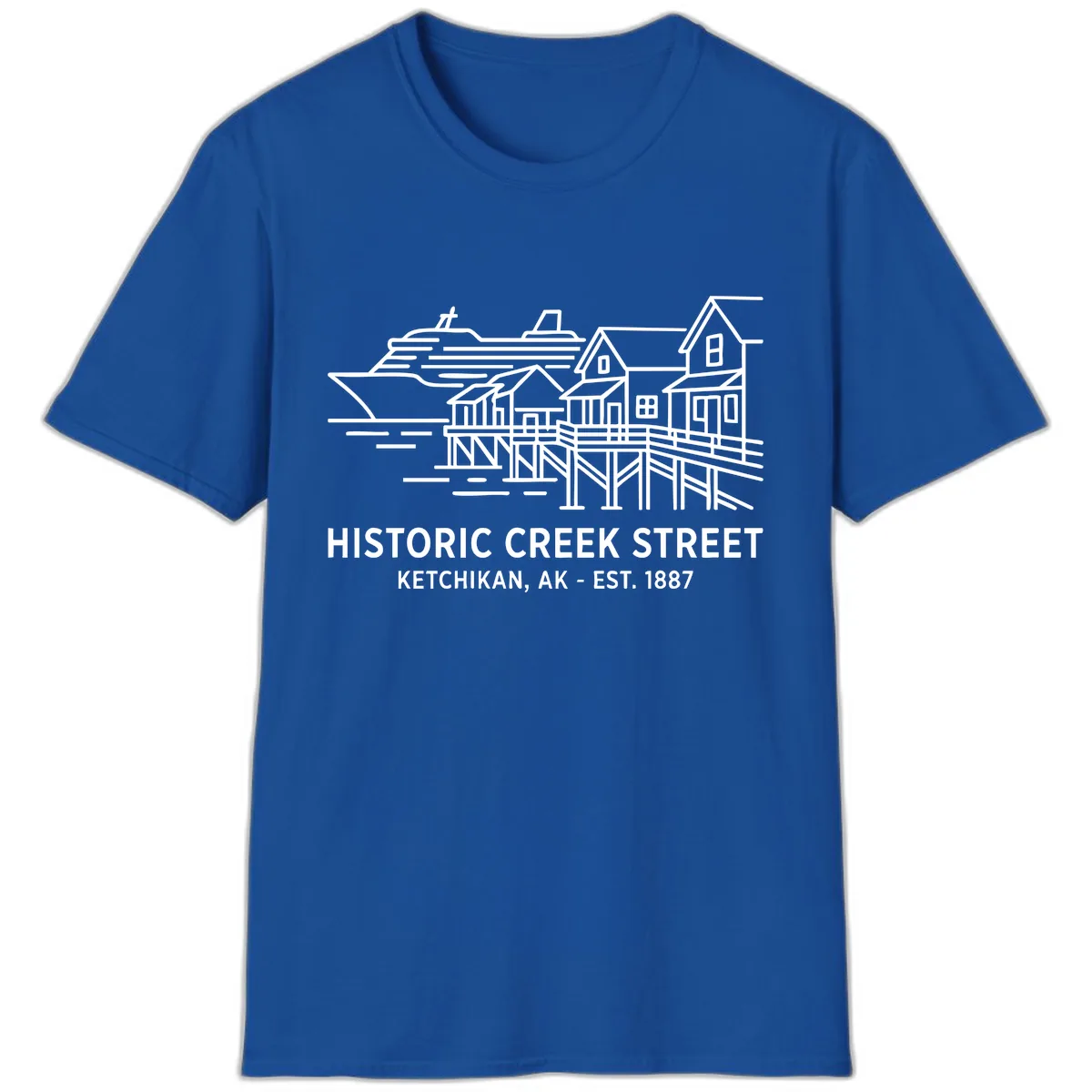 Historic Creek Street Ketchikan Alaska Waterfront Scene T-Shirt in Royal