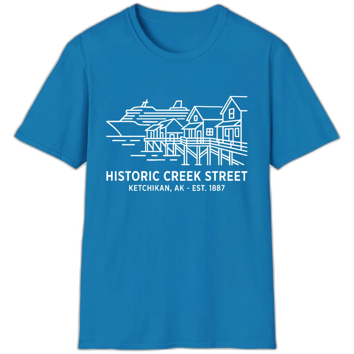Historic Creek Street Ketchikan Alaska Waterfront Scene T-Shirt in Sapphire