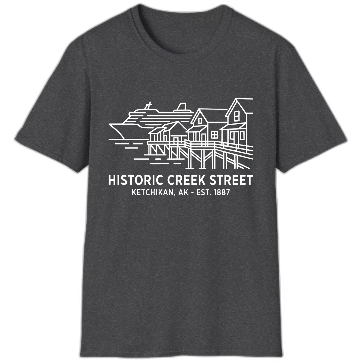 Historic Creek Street Ketchikan Alaska Waterfront Scene T-Shirt in Dark Heather