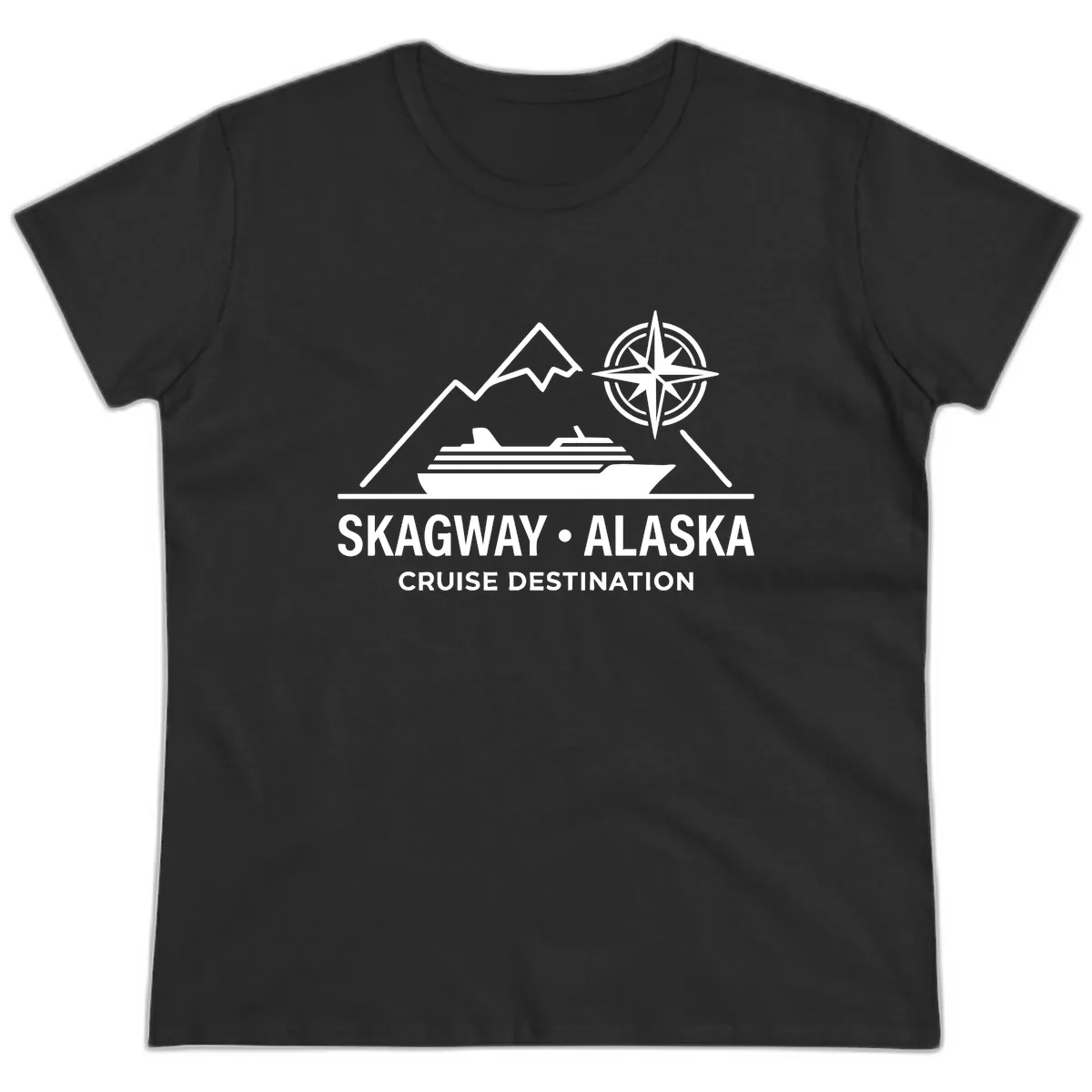 Skagway Alaska Mountain Cruise Compass Journey Ladies Tee in Black