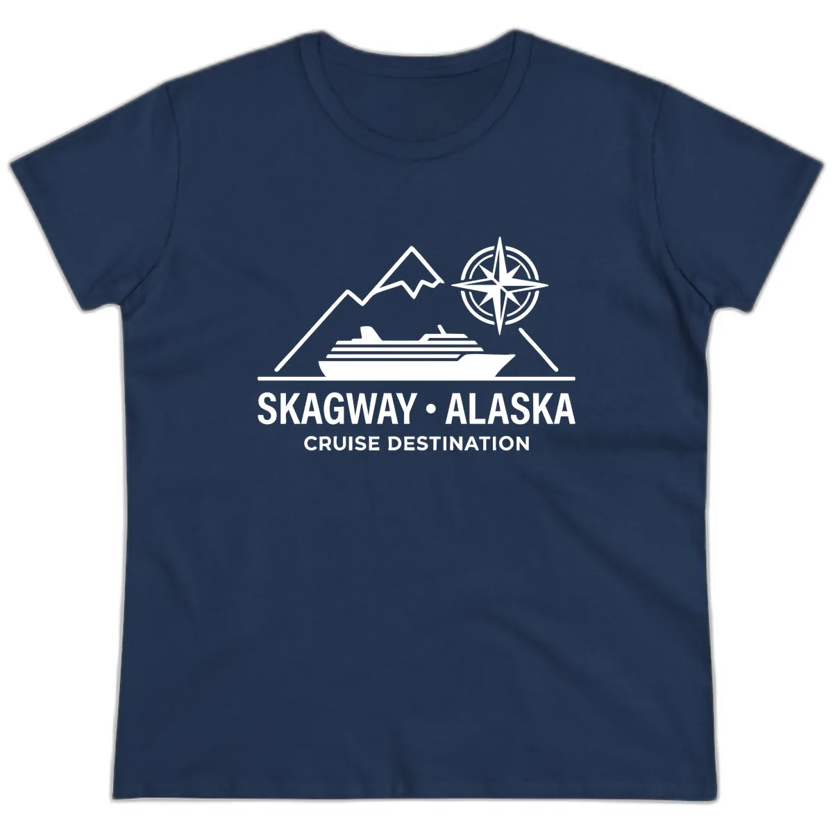 Skagway Alaska Mountain Cruise Compass Journey Ladies Tee in Navy