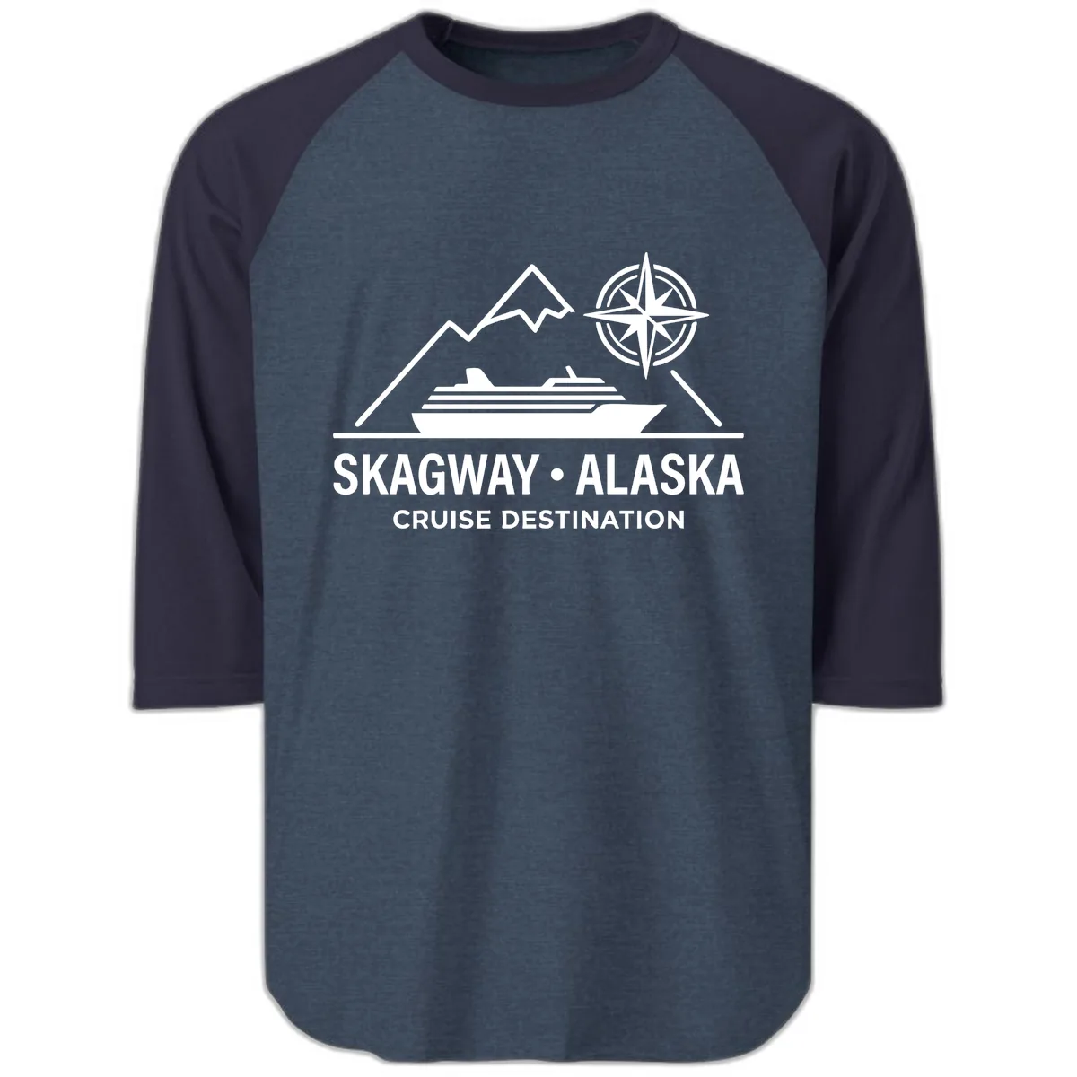 Skagway Alaska Mountain Cruise Compass Journey Raglan 3/4 in Heather Denim Navy
