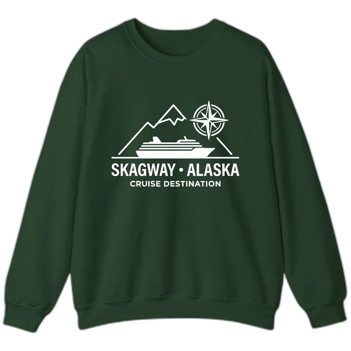 Skagway Alaska Mountain Cruise Compass Journey Sweatshirt in Forest Green