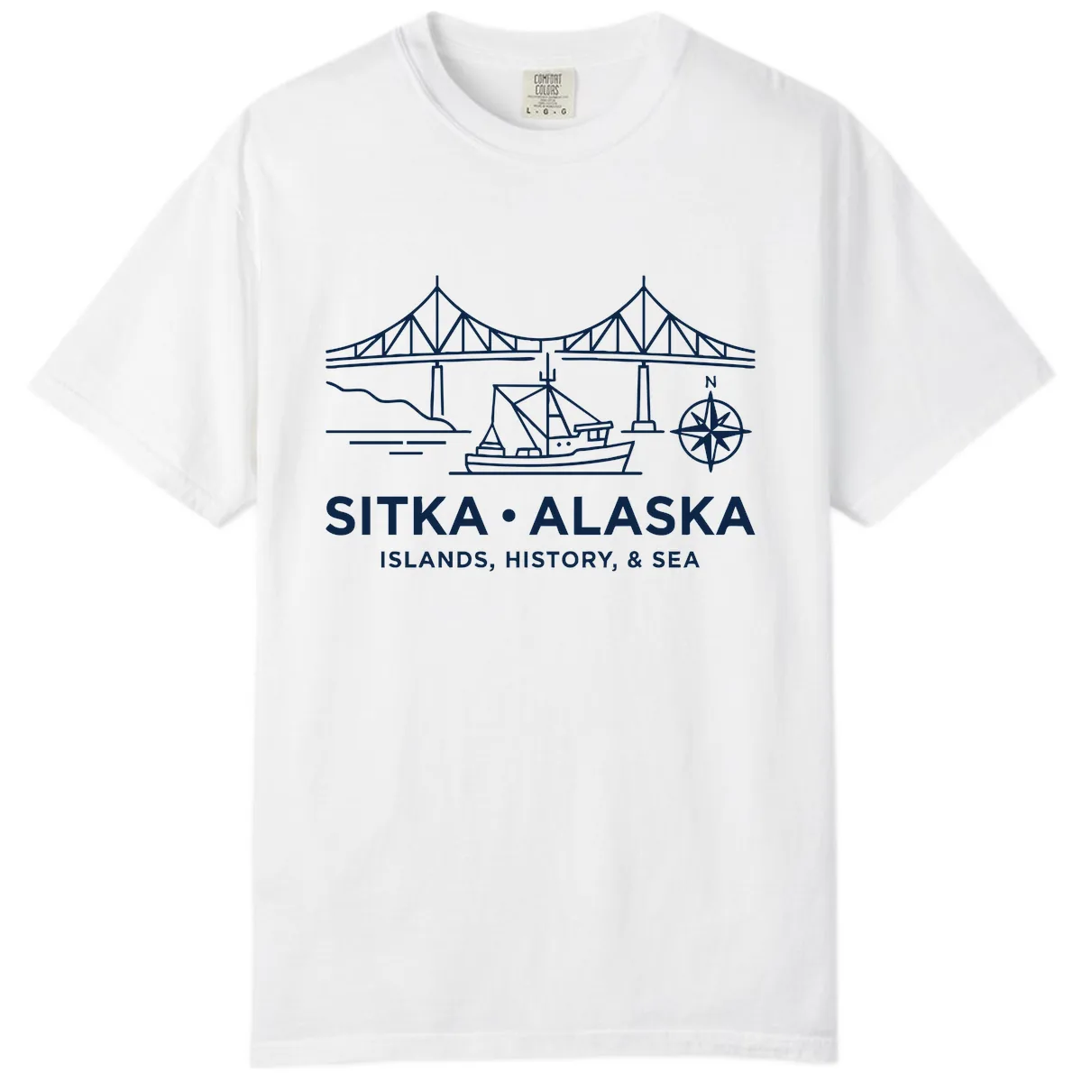 Sitka Alaska Bridge Boat Compass Rose Illustration Comfort Color in White