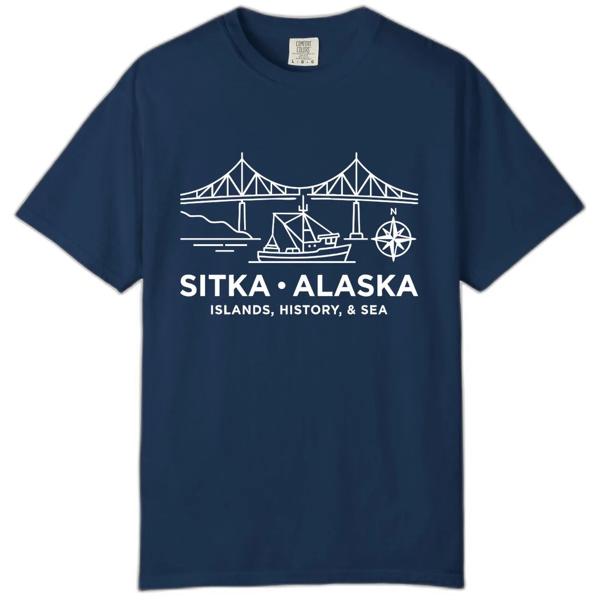 Sitka Alaska Bridge Boat Compass Rose Illustration Comfort Color in Navy