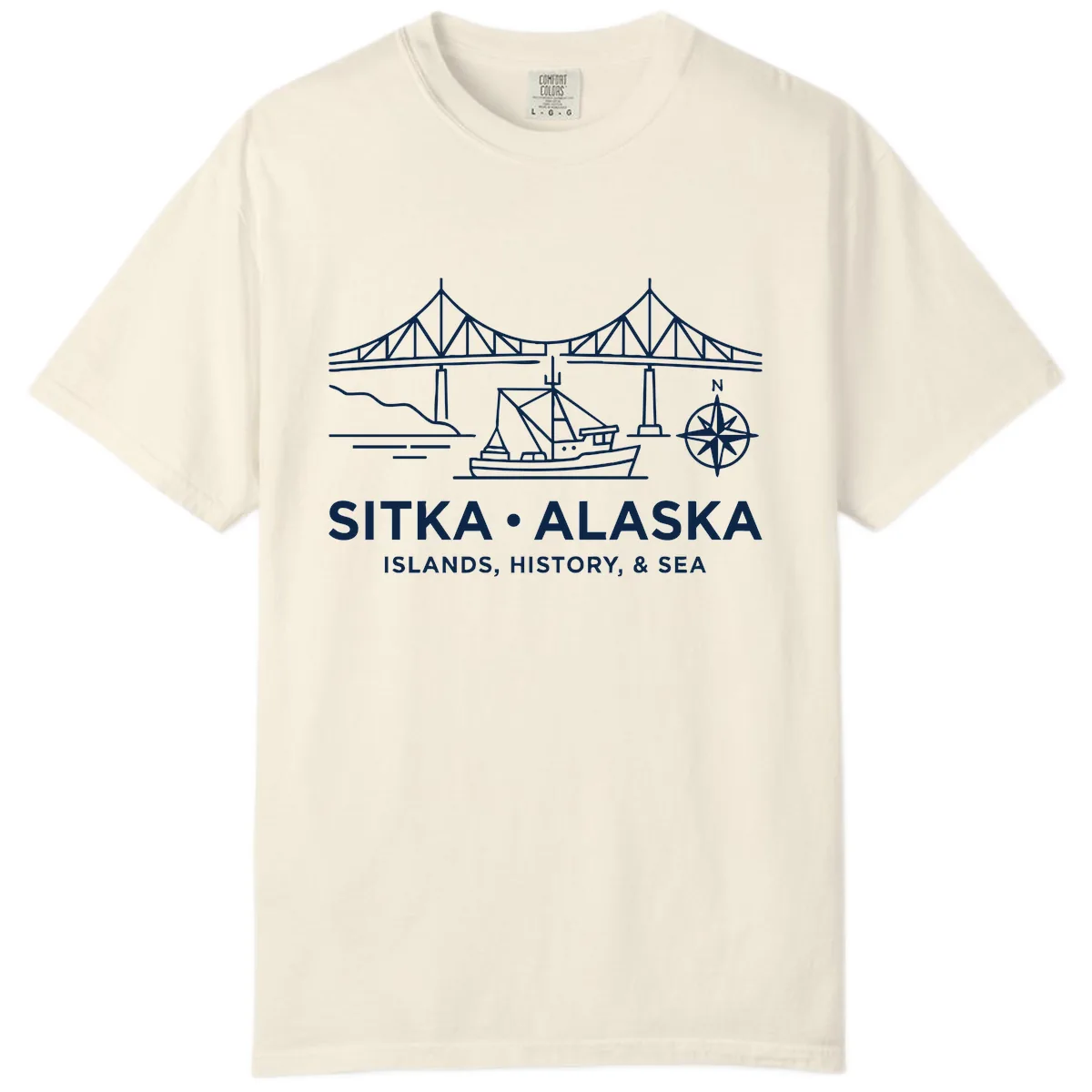 Sitka Alaska Bridge Boat Compass Rose Illustration Comfort Color in Ivory