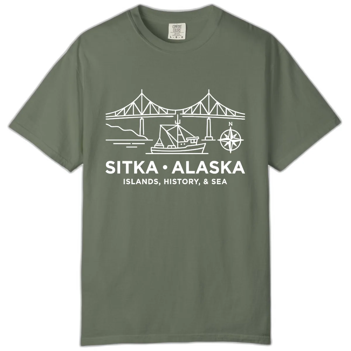 Sitka Alaska Bridge Boat Compass Rose Illustration Comfort Color in Moss
