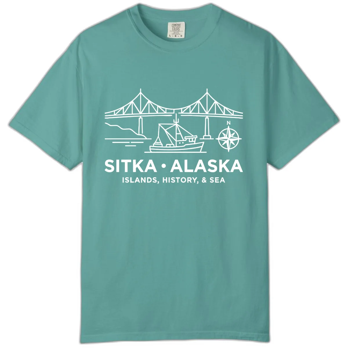 Sitka Alaska Bridge Boat Compass Rose Illustration Comfort Color in Seafoam