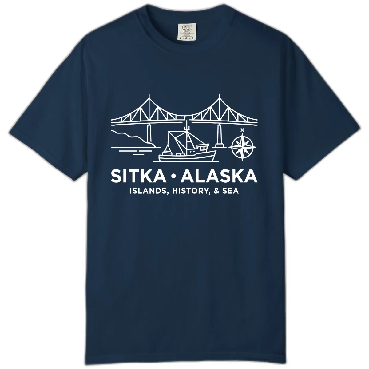 Sitka Alaska Bridge Boat Compass Rose Illustration Comfort Color in True Navy