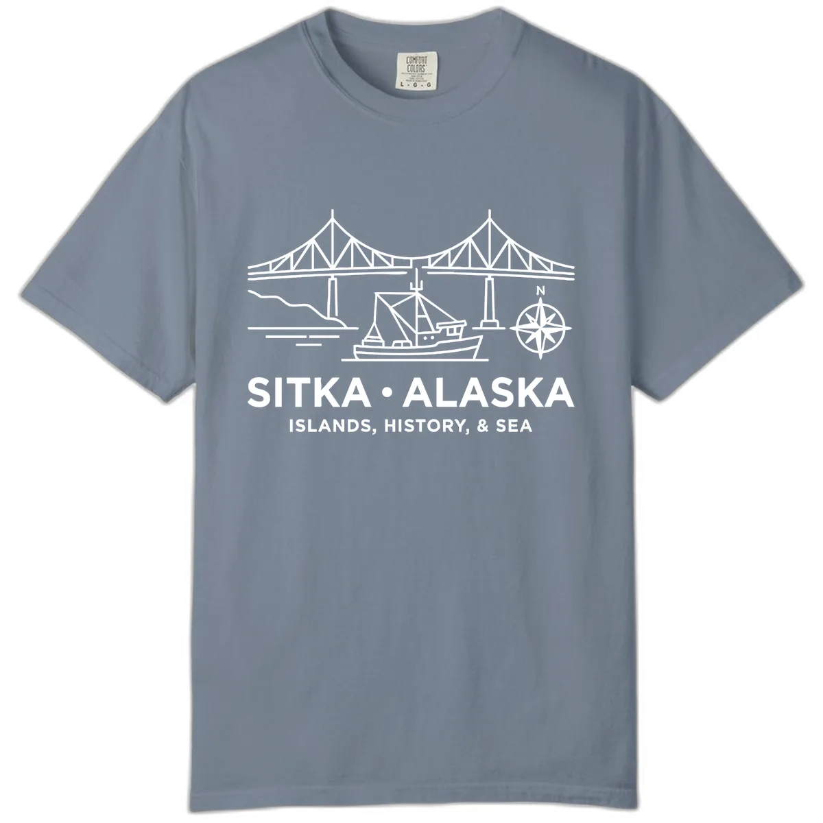 Sitka Alaska Bridge Boat Compass Rose Illustration Comfort Color in Blue Jean
