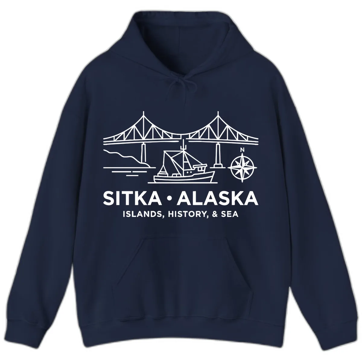Sitka Alaska Bridge Boat Compass Rose Illustration Hoodie in Navy
