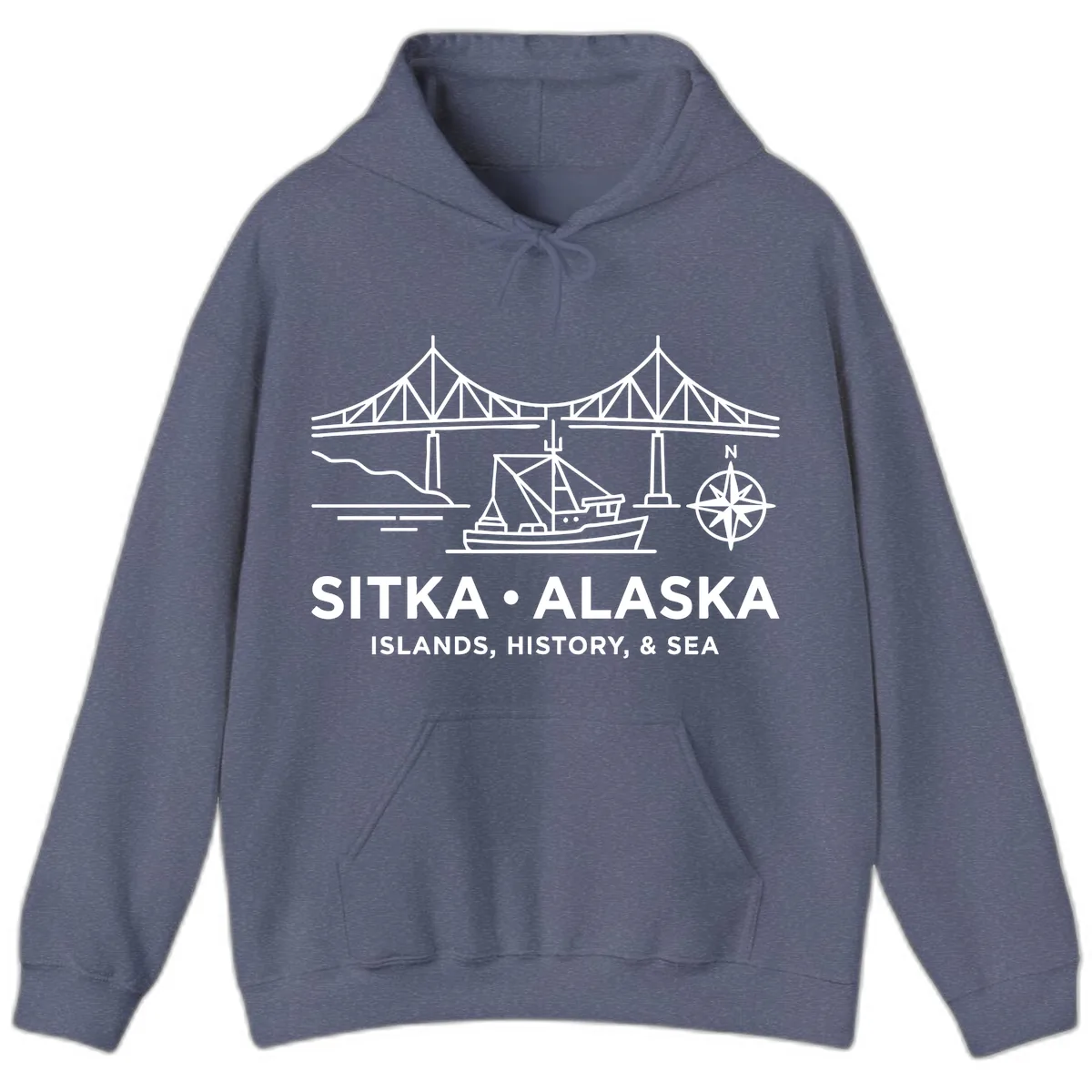 Sitka Alaska Bridge Boat Compass Rose Illustration Hoodie in Heather Navy