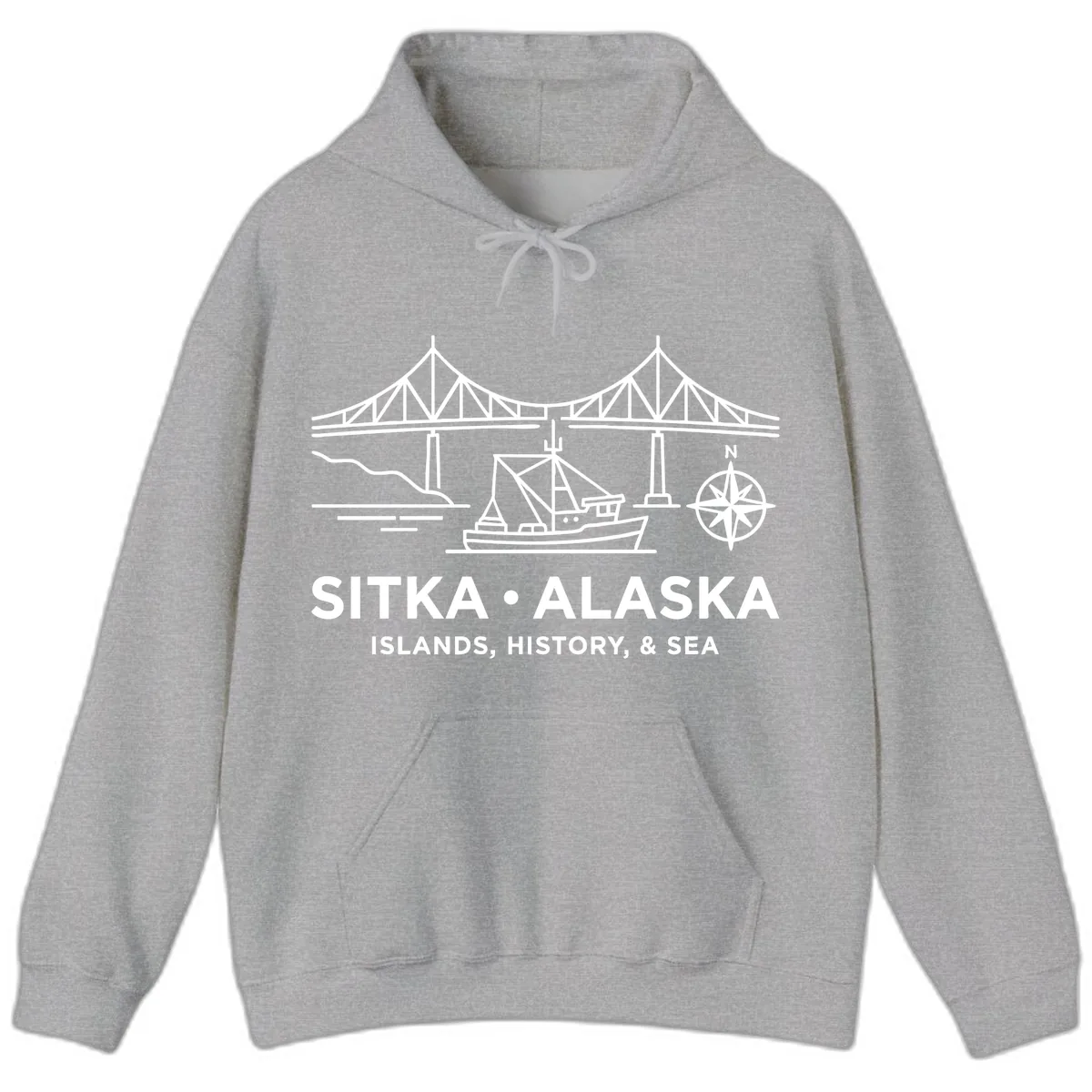 Sitka Alaska Bridge Boat Compass Rose Illustration Hoodie in Sport Grey