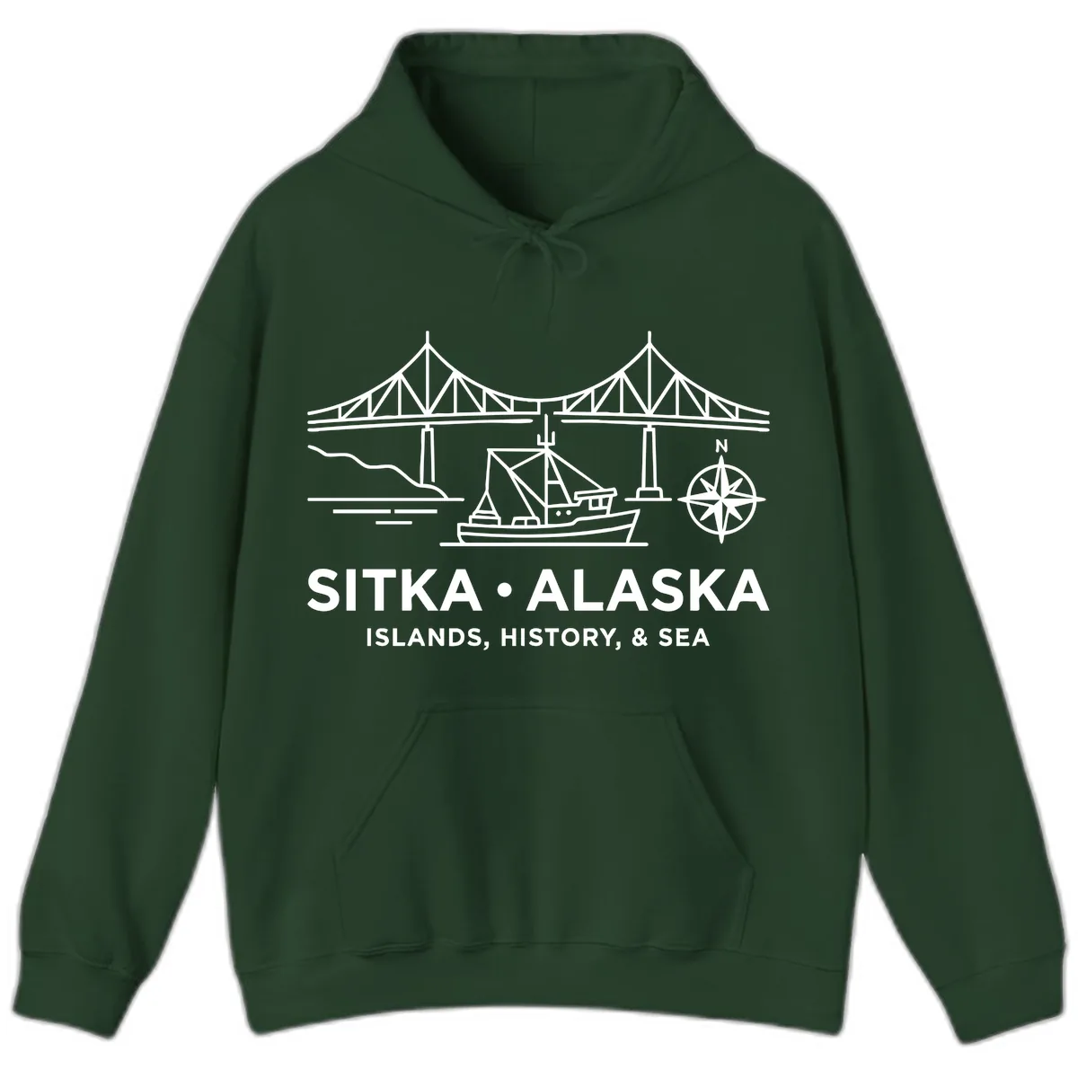Sitka Alaska Bridge Boat Compass Rose Illustration Hoodie in Forest Green