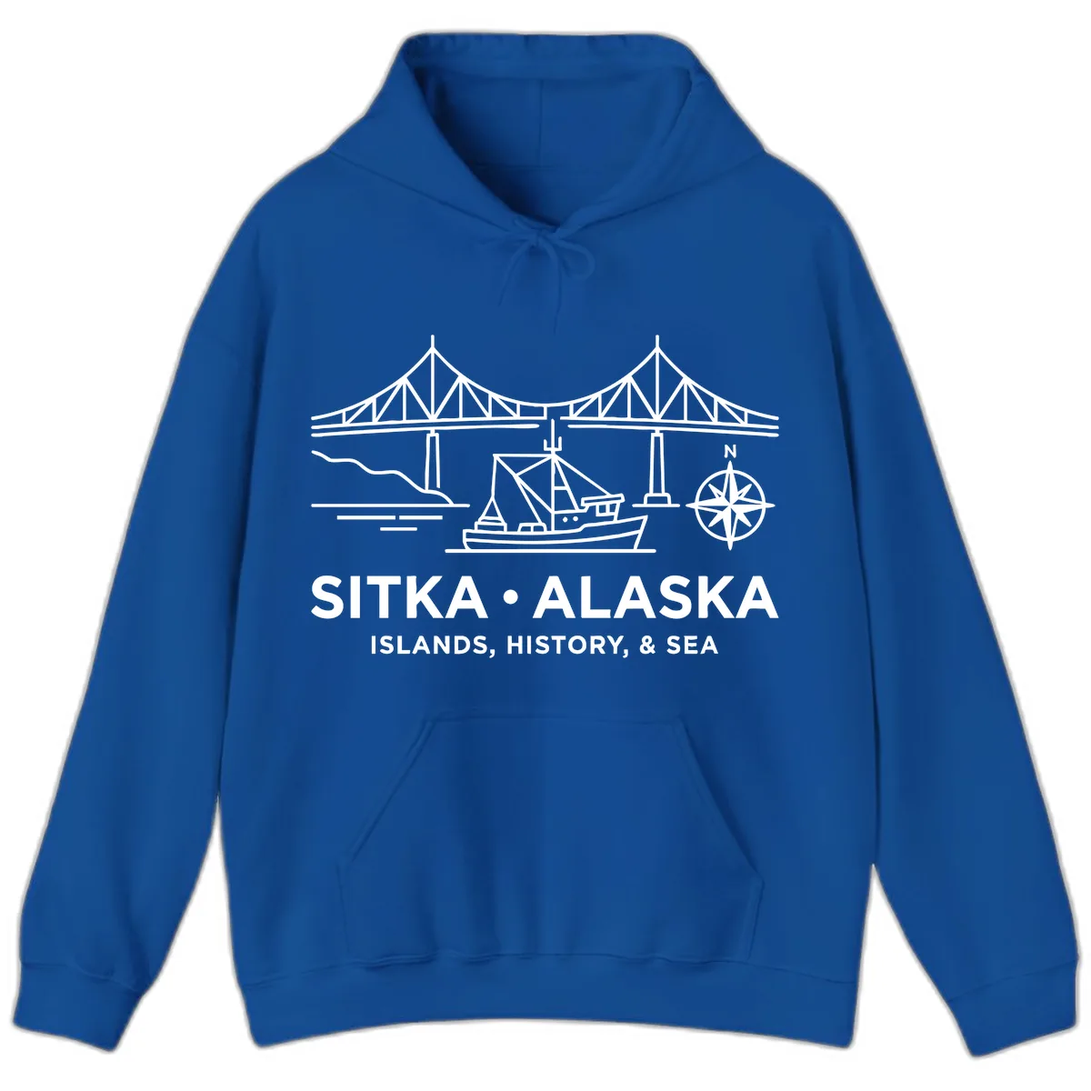 Sitka Alaska Bridge Boat Compass Rose Illustration Hoodie in Royal