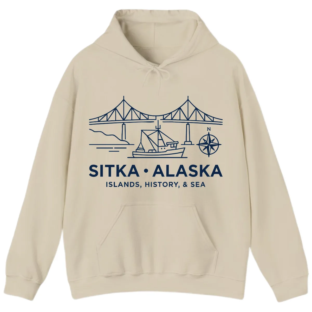 Sitka Alaska Bridge Boat Compass Rose Illustration Hoodie in Sand