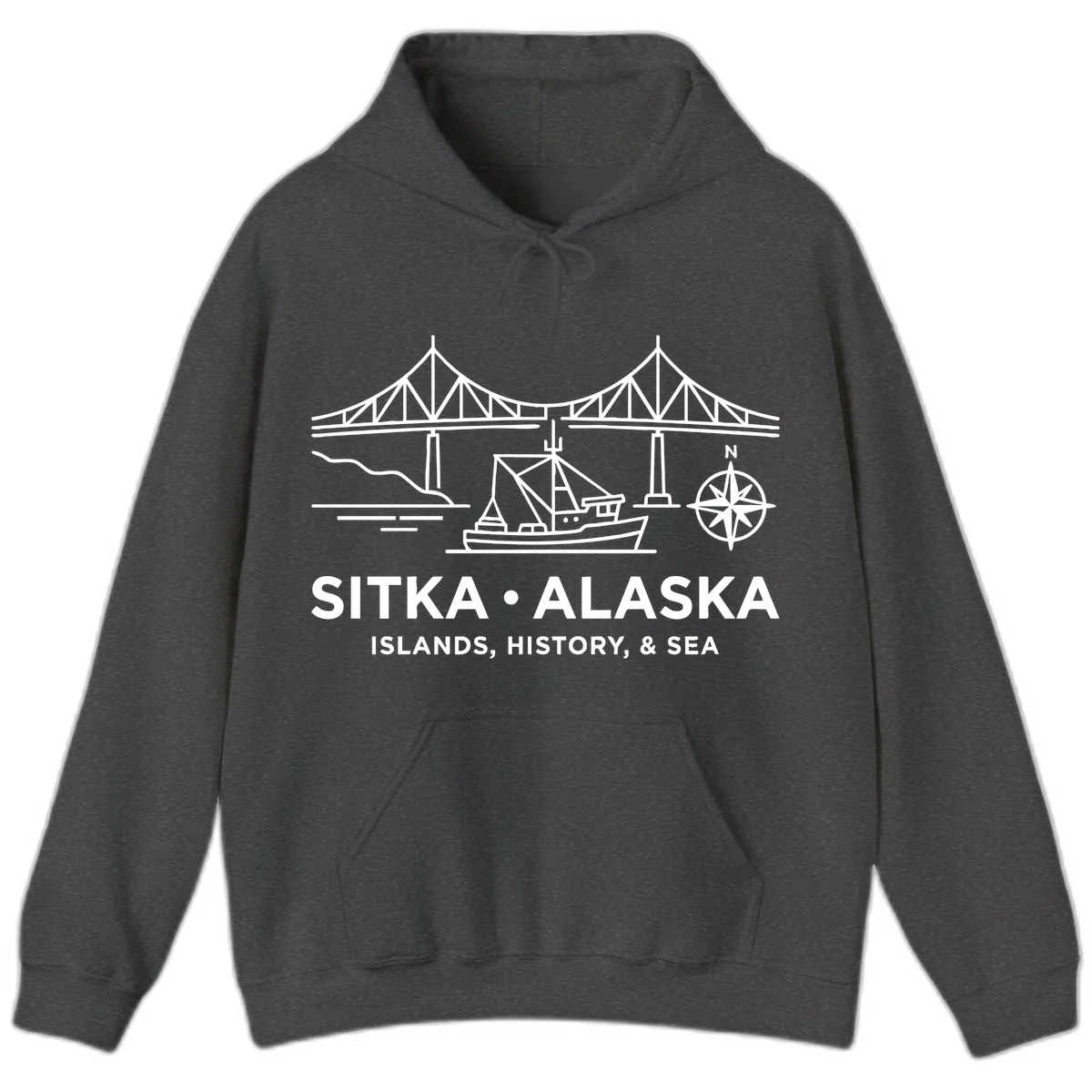 Sitka Alaska Bridge Boat Compass Rose Illustration Hoodie in Dark Heather