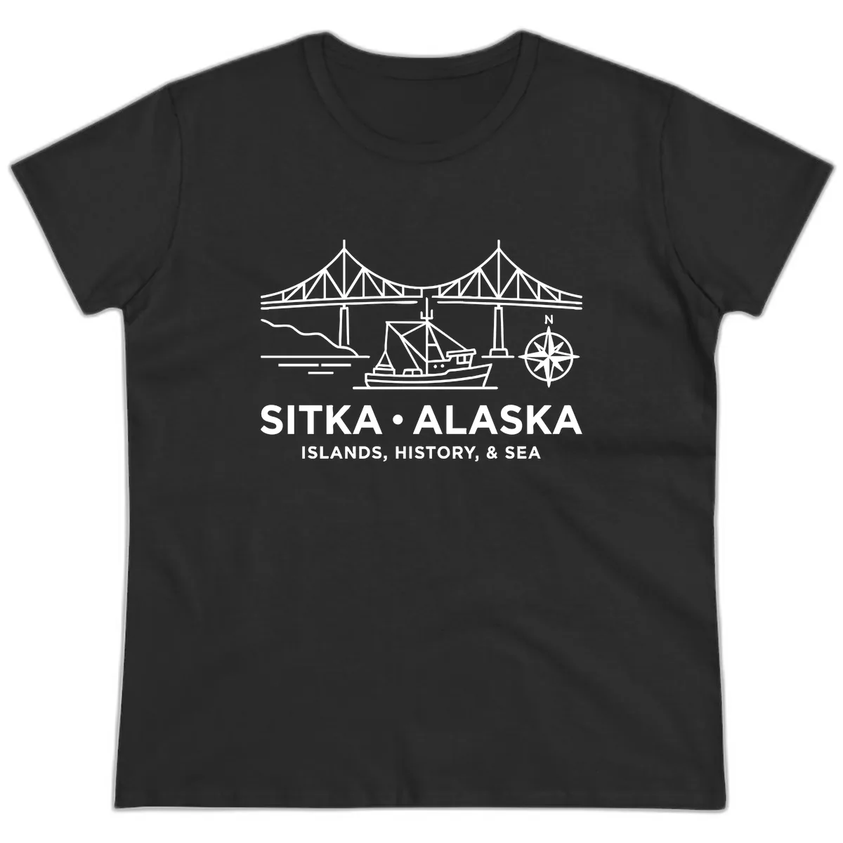 Sitka Alaska Bridge Boat Compass Rose Illustration Ladies Tee in Black