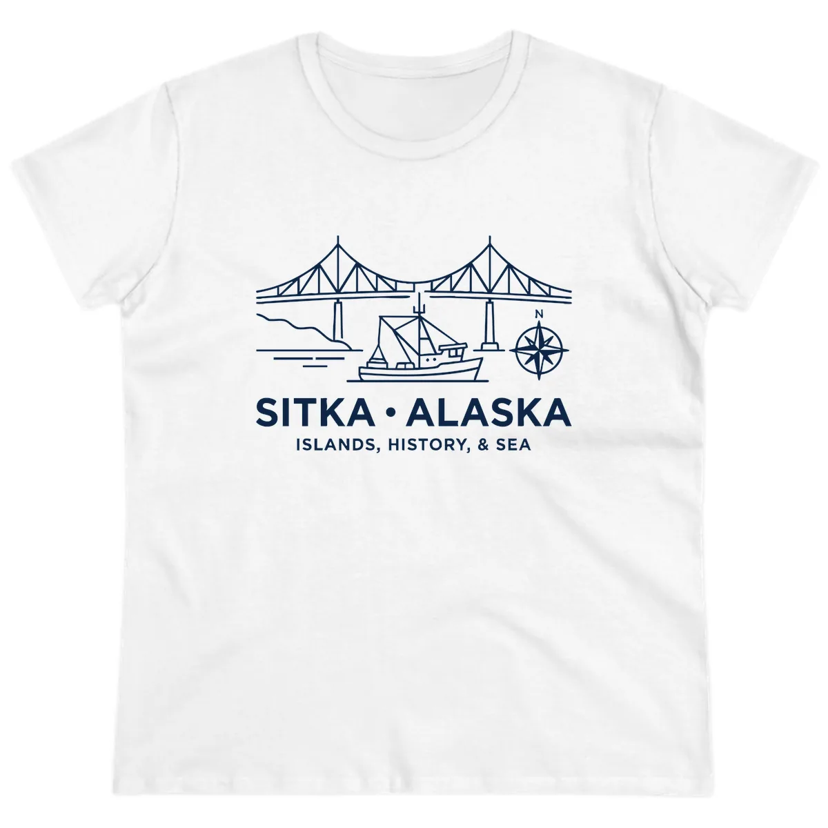 Sitka Alaska Bridge Boat Compass Rose Illustration Ladies Tee in White