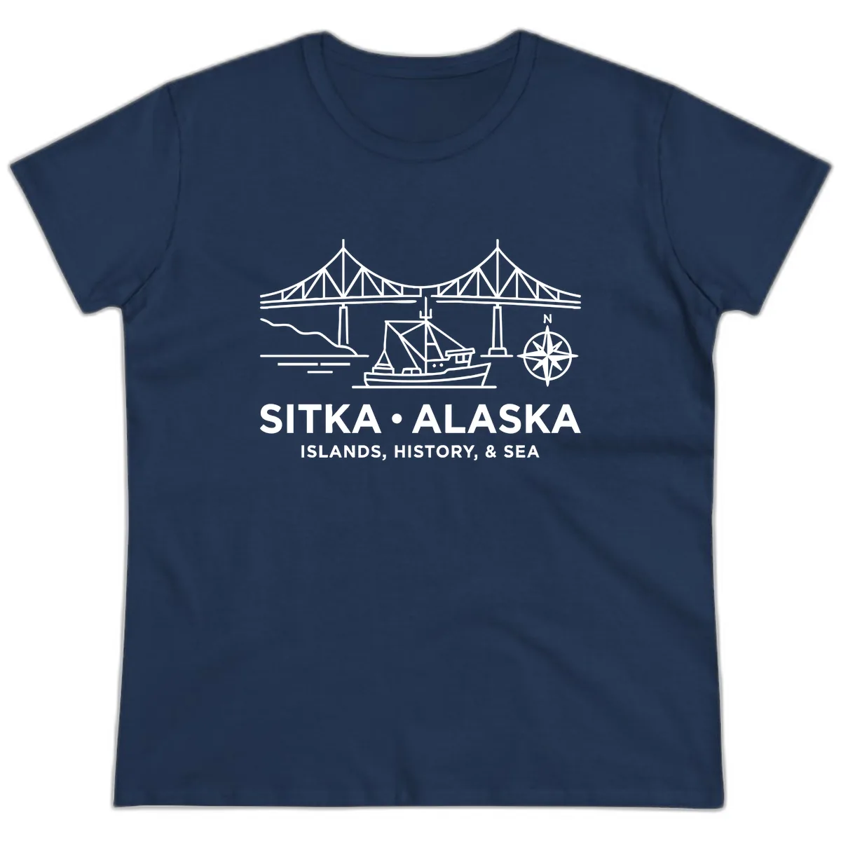Sitka Alaska Bridge Boat Compass Rose Illustration Ladies Tee in Navy