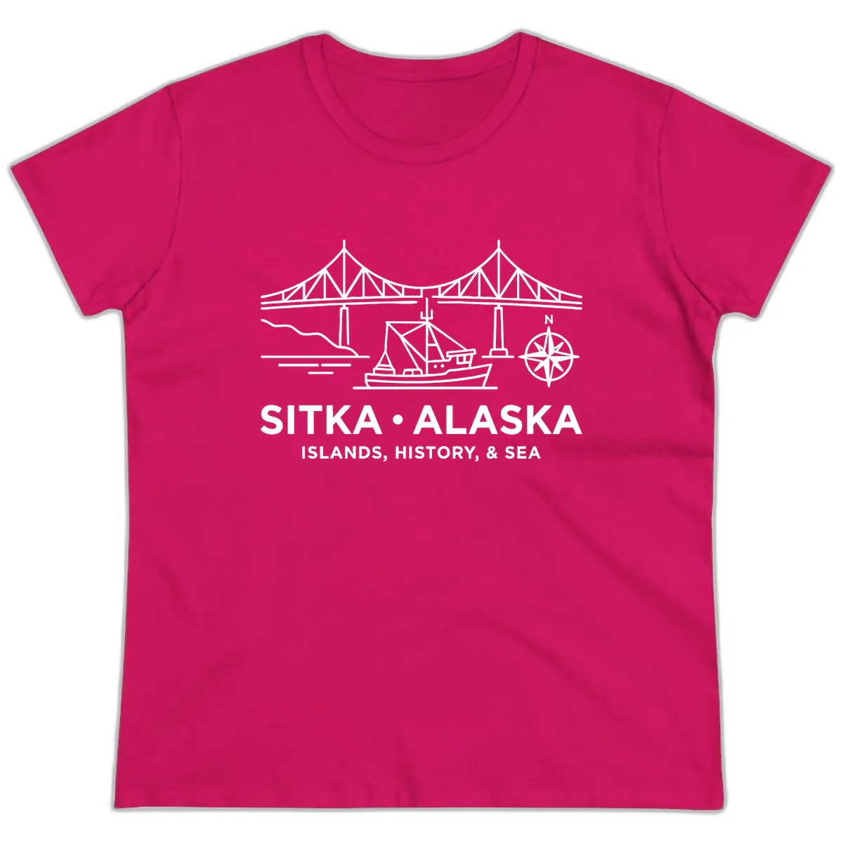 Sitka Alaska Bridge Boat Compass Rose Illustration Ladies Tee in Heliconia