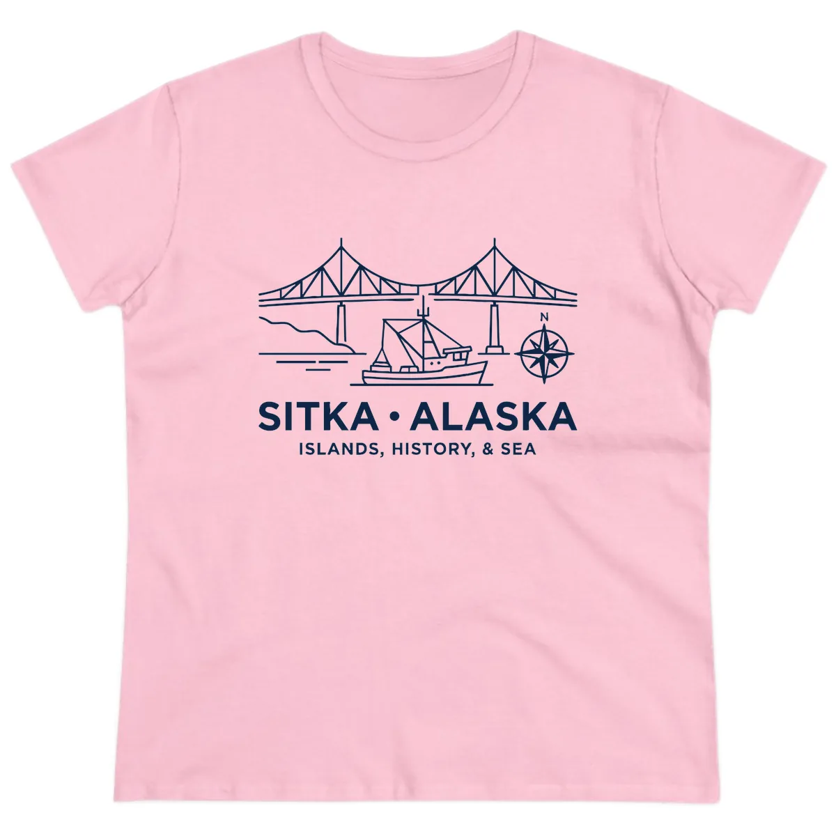 Sitka Alaska Bridge Boat Compass Rose Illustration Ladies Tee in Light Pink