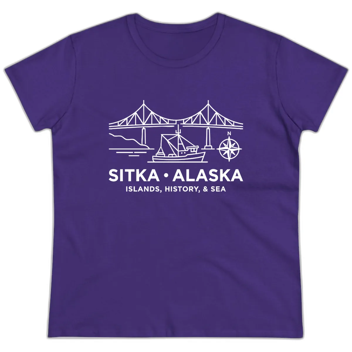 Sitka Alaska Bridge Boat Compass Rose Illustration Ladies Tee in Purple