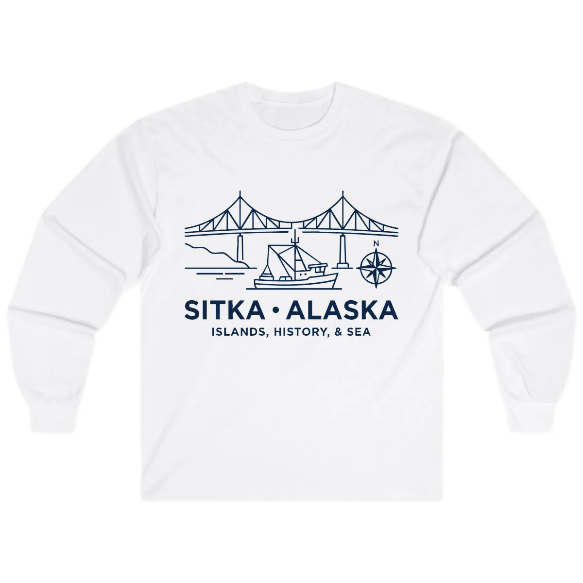 Sitka Alaska Bridge Boat Compass Rose Illustration Long Sleeve in White