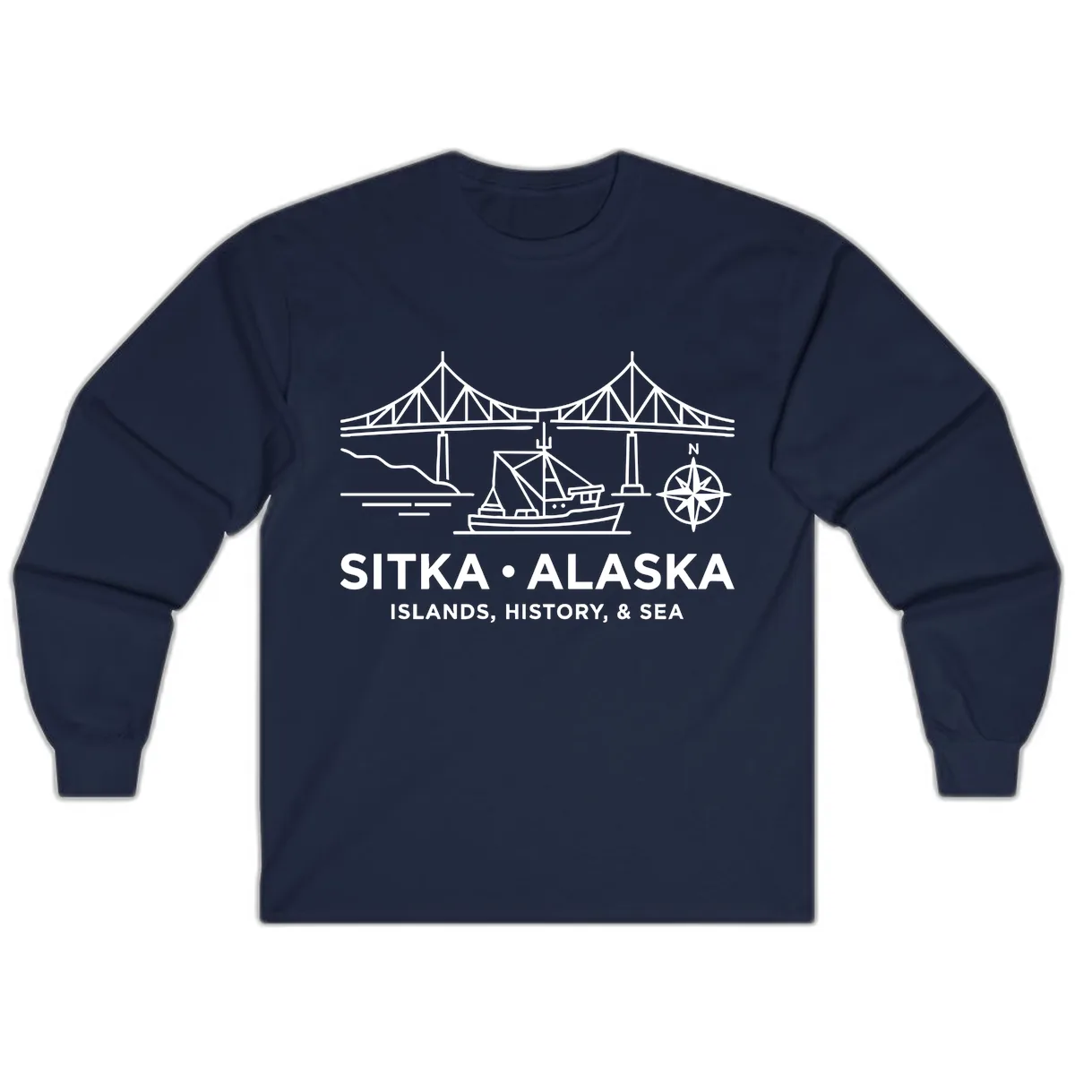 Sitka Alaska Bridge Boat Compass Rose Illustration Long Sleeve in Navy
