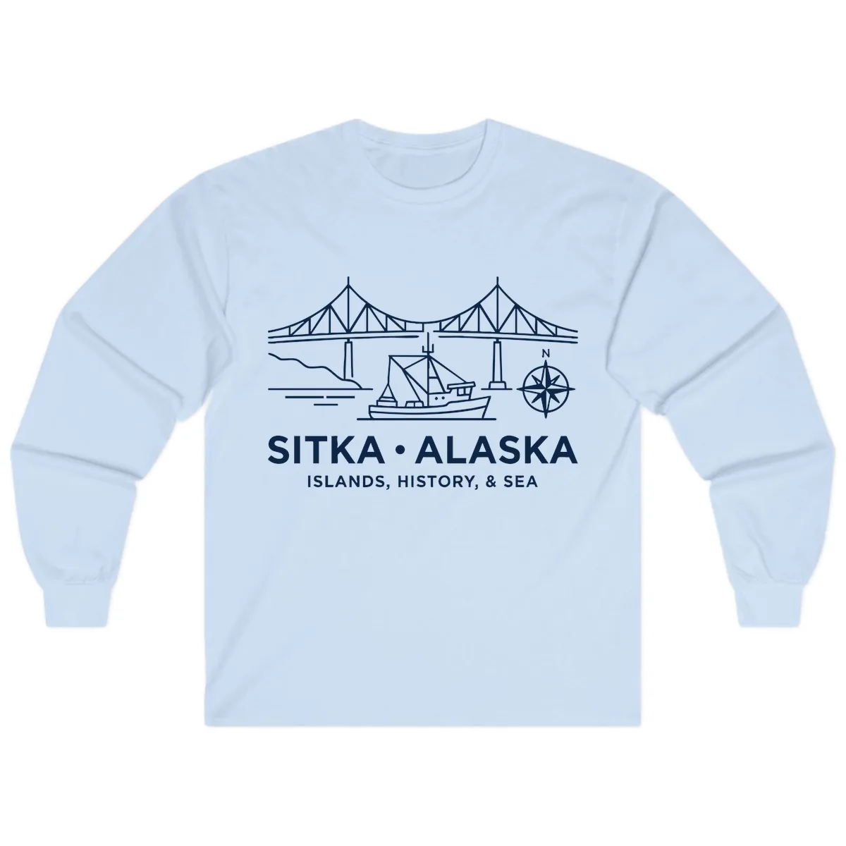 Sitka Alaska Bridge Boat Compass Rose Illustration Long Sleeve in Light Blue