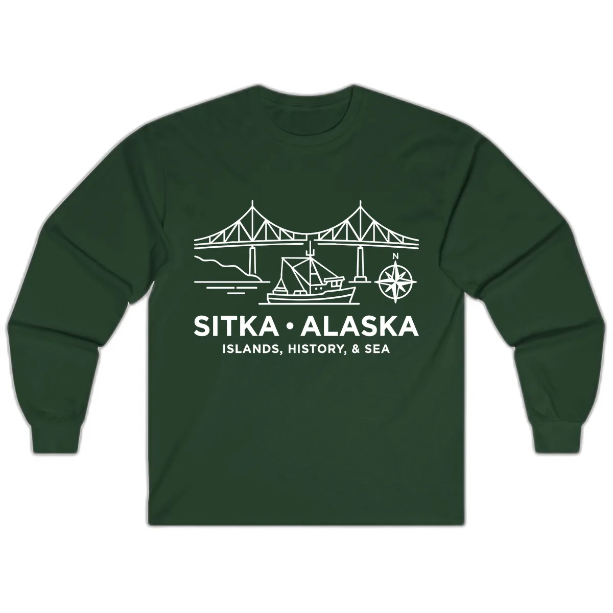 Sitka Alaska Bridge Boat Compass Rose Illustration Long Sleeve in Forest Green