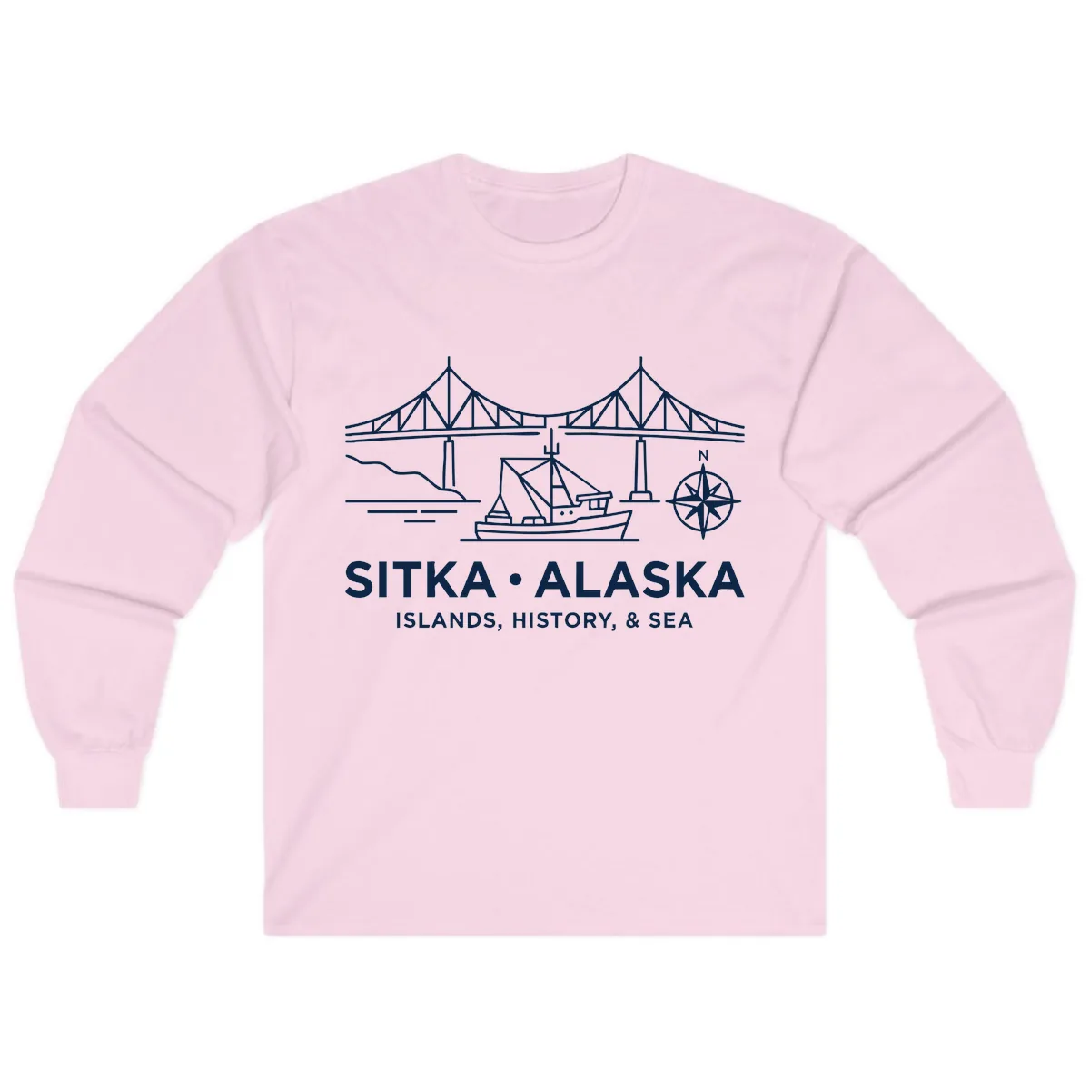 Sitka Alaska Bridge Boat Compass Rose Illustration Long Sleeve in Light Pink