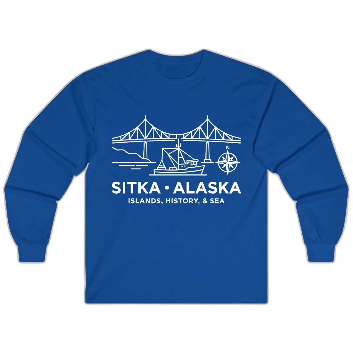 Sitka Alaska Bridge Boat Compass Rose Illustration Long Sleeve in Royal