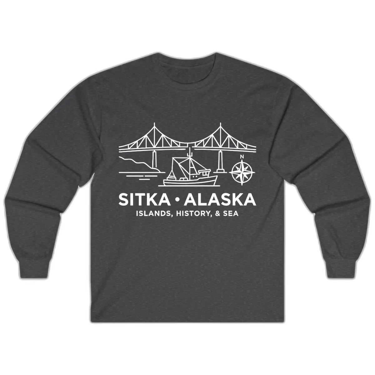 Sitka Alaska Bridge Boat Compass Rose Illustration Long Sleeve in Dark Heather