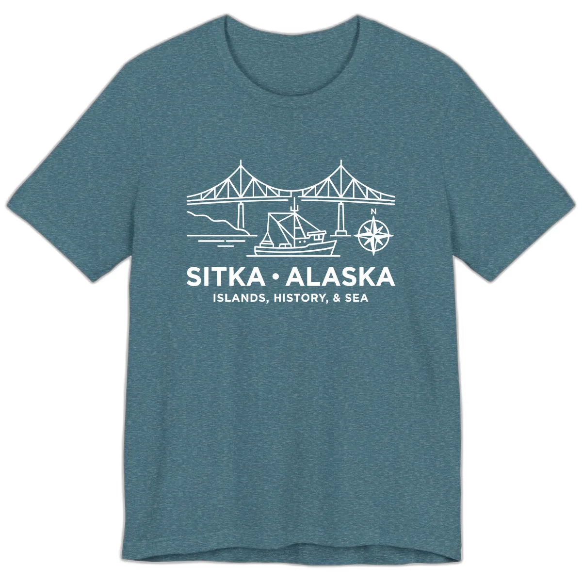 Sitka Alaska Bridge Boat Compass Rose Illustration Premium T-Shirt in Heather Deep Teal