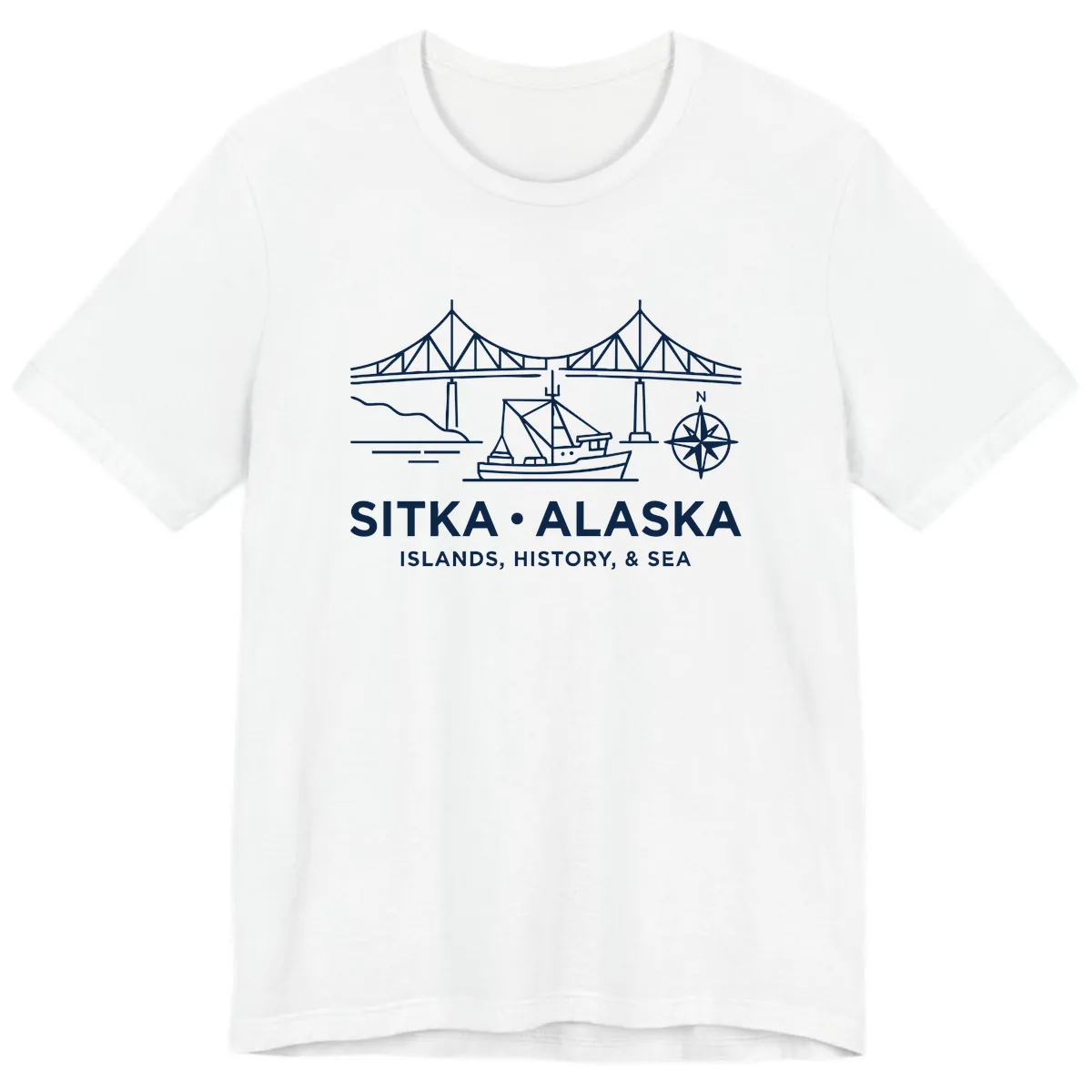 Sitka Alaska Bridge Boat Compass Rose Illustration Premium T-Shirt in White