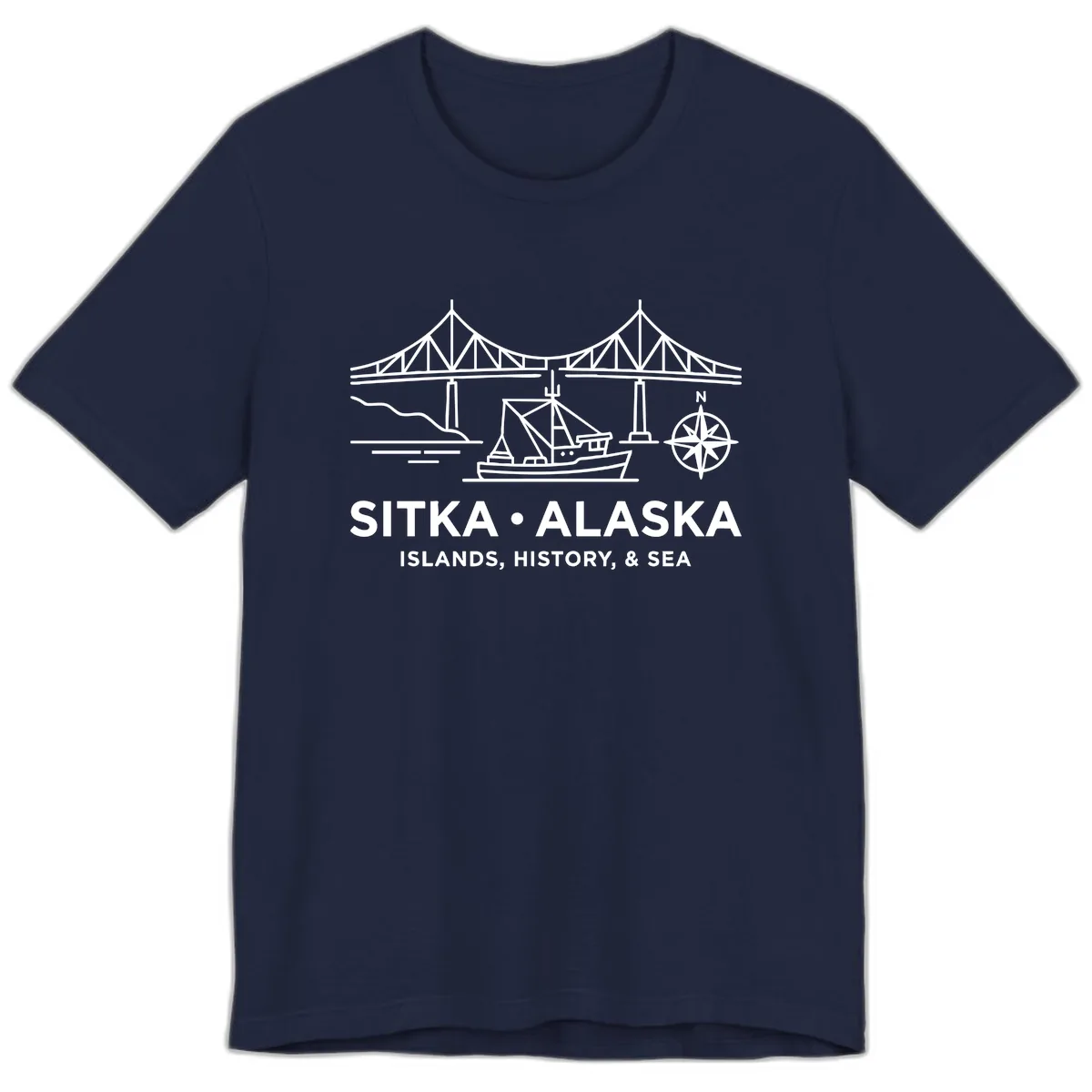 Sitka Alaska Bridge Boat Compass Rose Illustration Premium T-Shirt in Navy